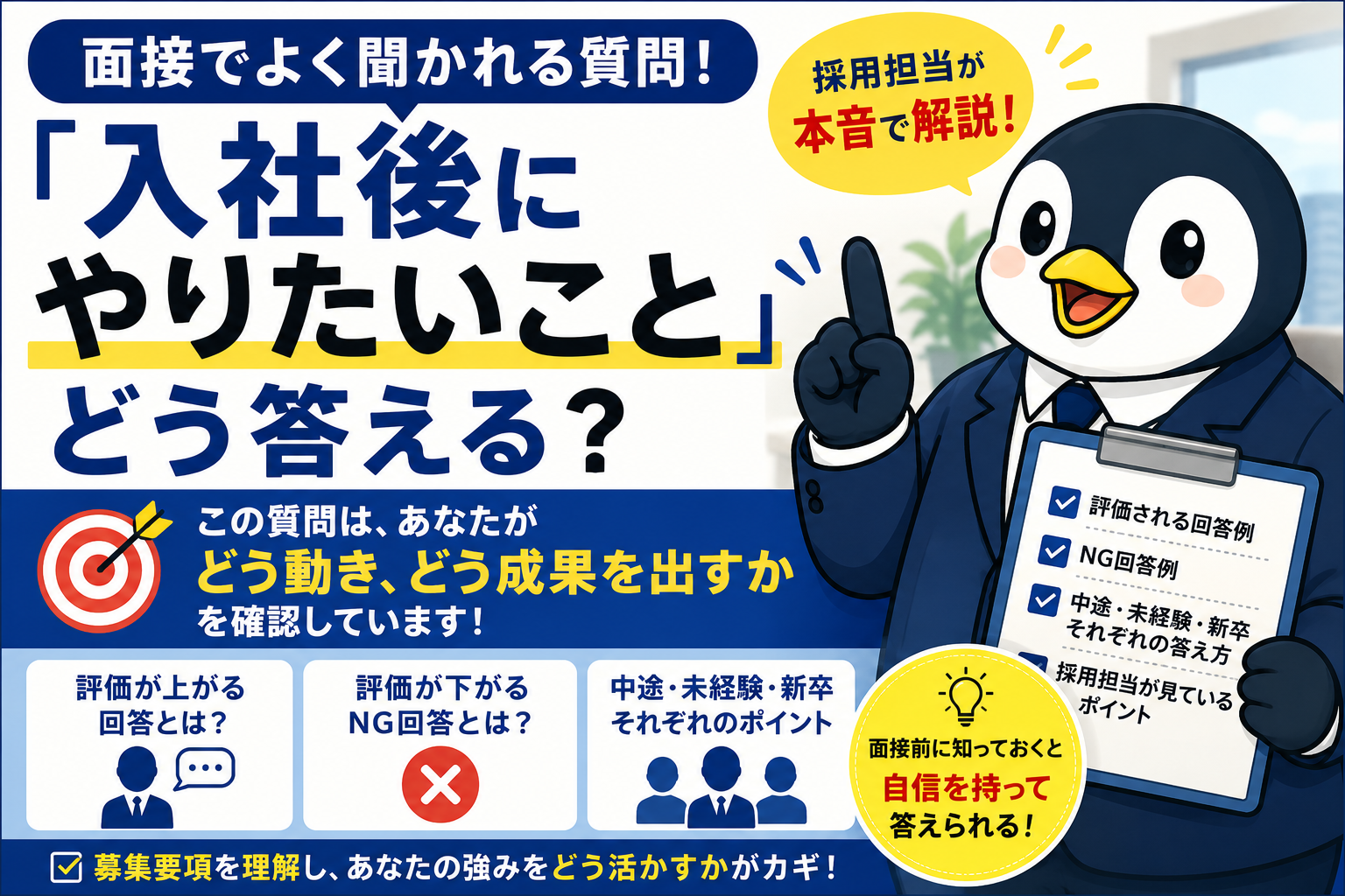 面接で入社後にやりたいことを聞かれた際の答え方をペンギン先輩が解説するアイキャッチ画像